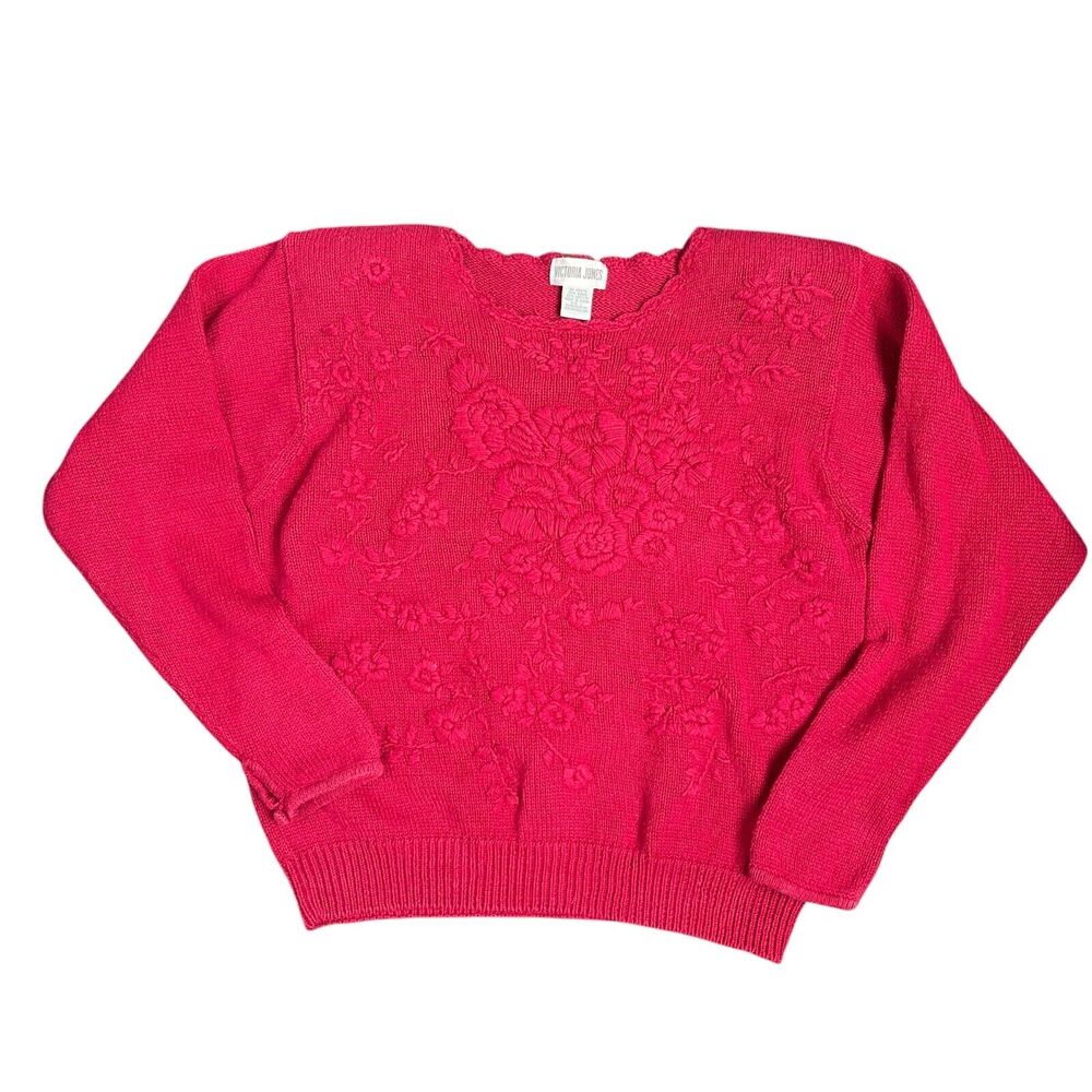Vtg 80s Brocade Women L Red Sweater Holiday Scalloped Floral Cottage Granny Warm